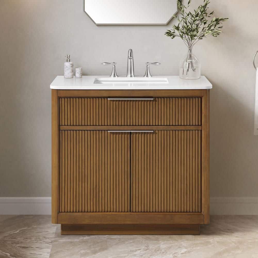 Xander 36 in. Freestanding Warm Walnut Bath Vanity with White Engineered Stone Top and Brushed Nickel Hardware price history on PriceWatchPro