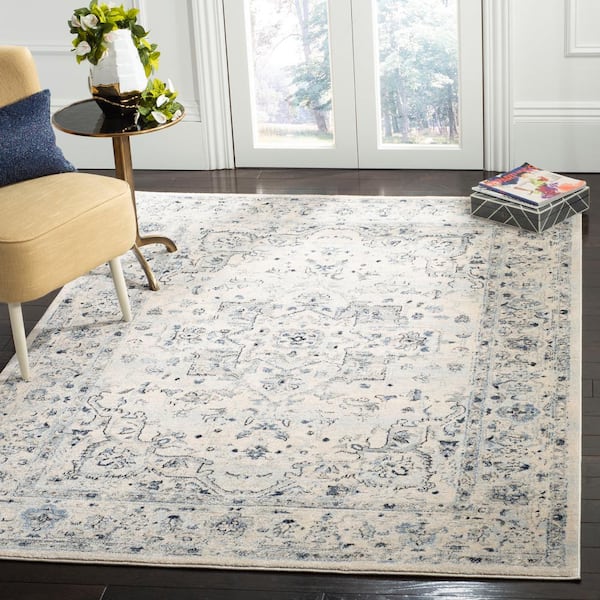 Charleston Ivory/Light Blue 5 ft. x 5 ft. Distressed Border Square Area Rug