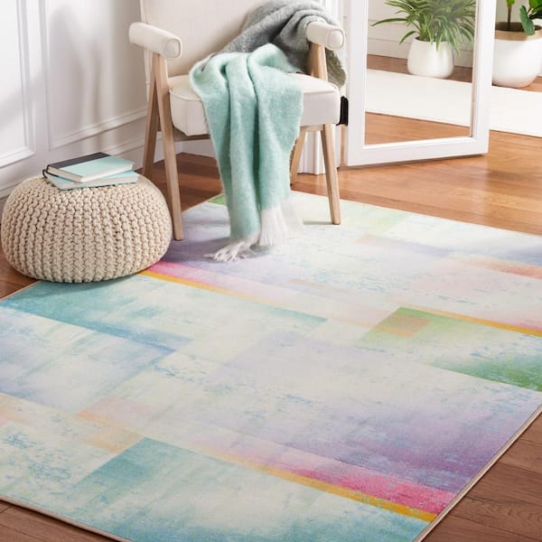 Paint Brush Blue/Green 7 ft. x 7 ft. Machine Washable Geometric Gradient Square Area Rug