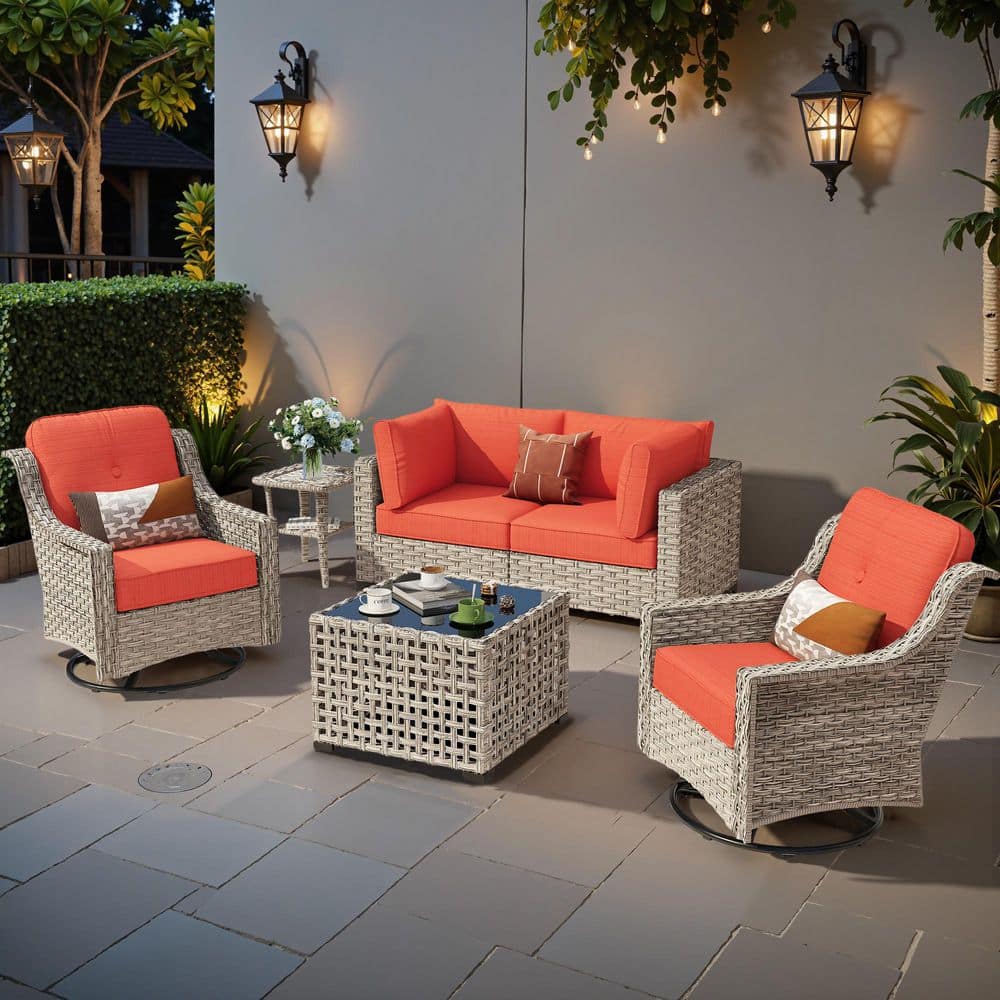Coralia 6-Piece Wicker Outdoor Furniture Set Patio Conversation Sets With Orange Red Cushion and Lighted Coffee Table price history on PriceWatchPro