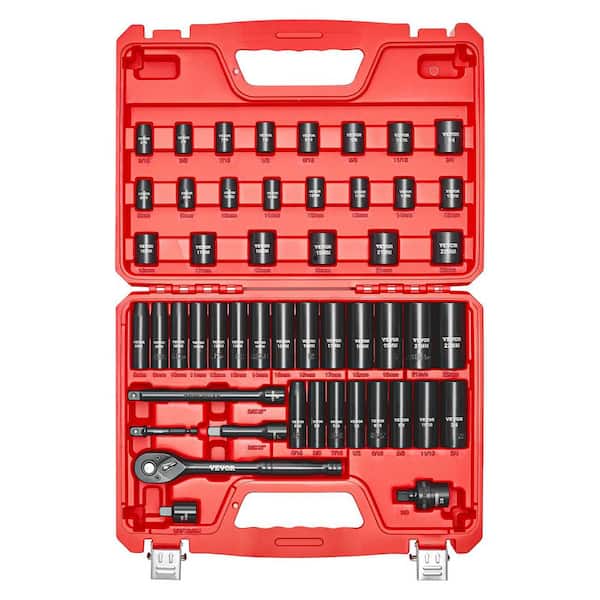 50-Piece 3/8 in. Drive Impact Socket Set, SAE (5/16 in. to 3/4 in. ) & Metric (8-22 mm), Cr-V Steel, with Extensions