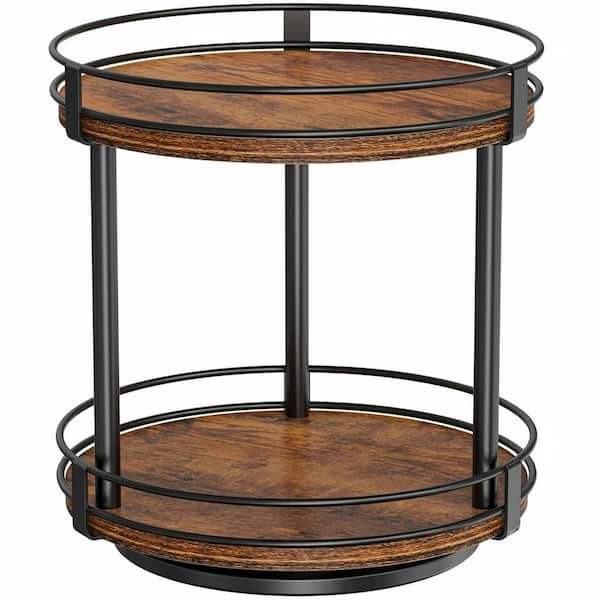 2 Tier Rustic Brown Rotating Countertop Organizer Wood Lazy Susan Turntable for Kitchen Cabinet and Multi-Room Use