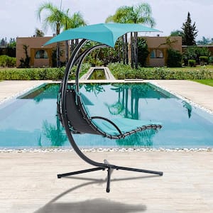 Modern Metal Outdoor Swing Hanging Curved Chaise Lounge with Blue Cushions, Removable Canopy and Stand
