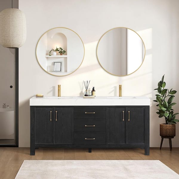 Leon 72 in. W x 22 in. D x 34 in. H Double Freestanding Bath Vanity in Fir Wood Black with White Composite Stone Top