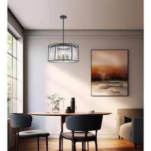 5-Light Black and Crystal Pendant Light Fixture with Hanging Crystal Panel Drum Shade