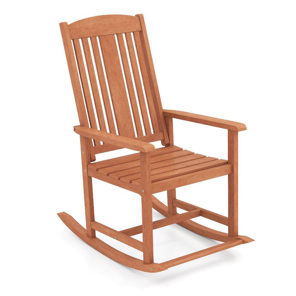 35.5 in. Solid Wood Outdoor Rocking Chair with High Back, Slatted Seat and 400 lb. Capacity, Natural