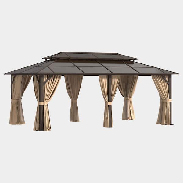 20 ft. x 12 ft. Steel Frame Double Polycarbonate Roof Outdoor Gazebos with Hooks, Curtains, and Netting