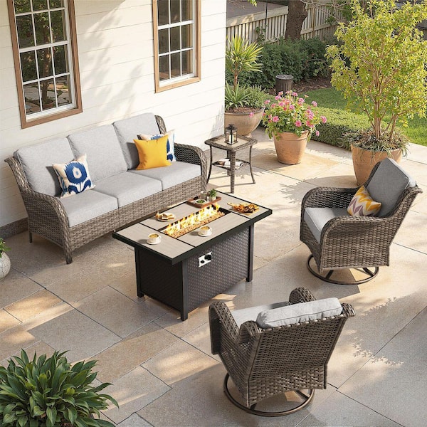 Newport Gray Wicker 5-Piece Patio Conversation Sofa Swivel Chairs Set with Metal Fire Pit and Light Gray Cushions