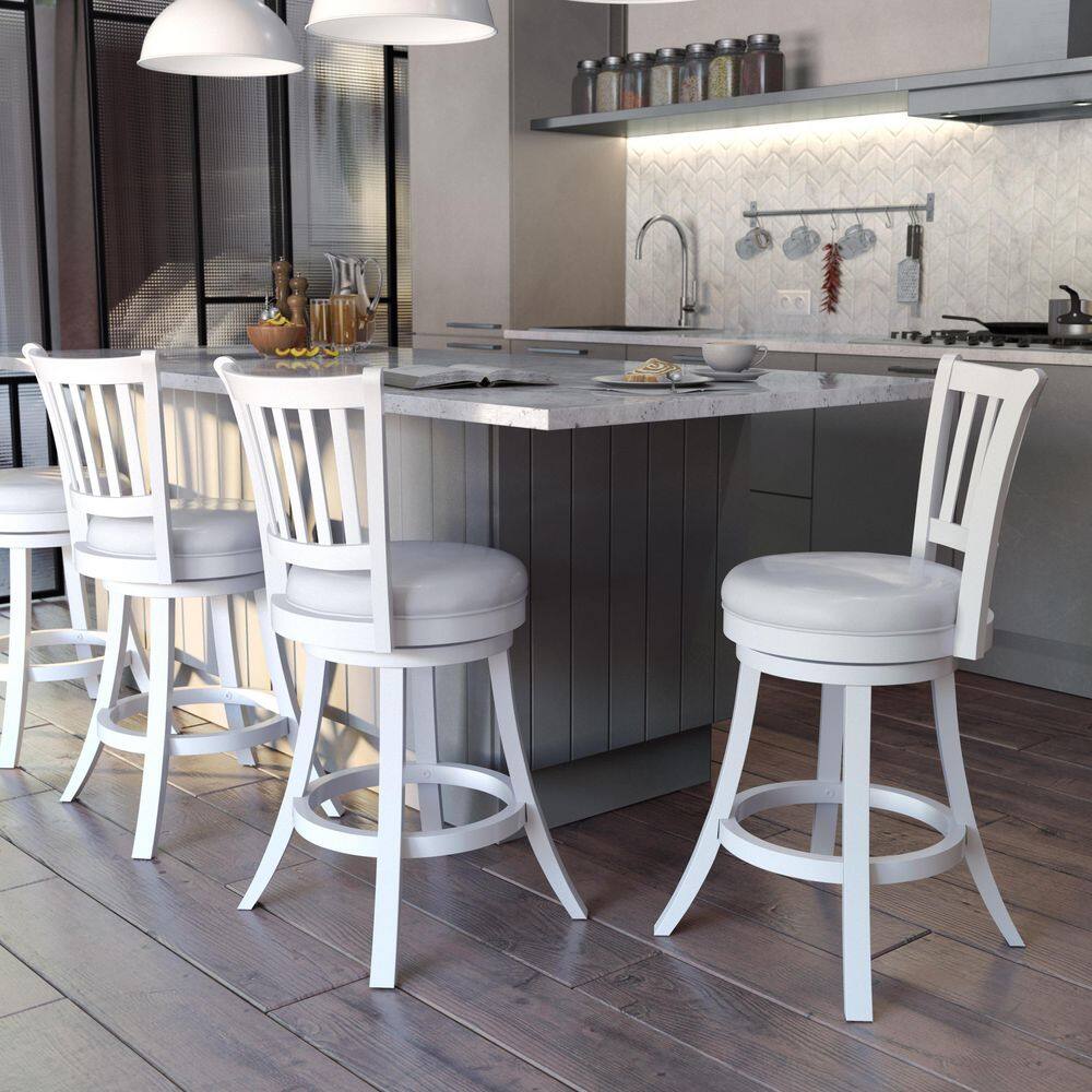 White Faux Leather Swivel Barstool with Wood Frame
