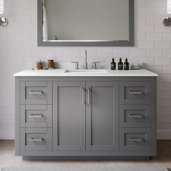 Wyndham Collection Miranda 54 in. W x 22 in. D x 33.75 in. H Single Bath Vanity in Dark Gray with Giotto Quartz Top and 46 in. Mirror
