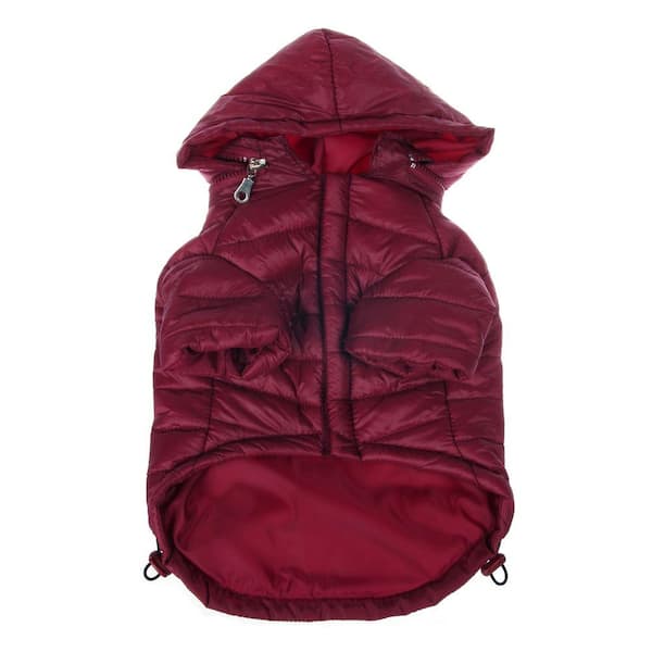 PET LIFE Large Burgundy Red Lightweight Adjustable Sporty Avalanche Dog Coat with Removable Pop Out Collared Hood