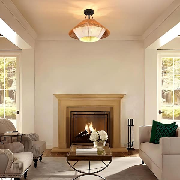 Boho 19.69 in. 3-Light Yellow and White Farmhouse Barn-Style Semi-Flush Mount with Rattan Shade, No Bulbs Included