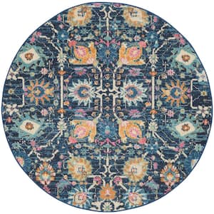 Passion Navy 5 ft. x 5 ft. Floral Transitional Round Area Rug