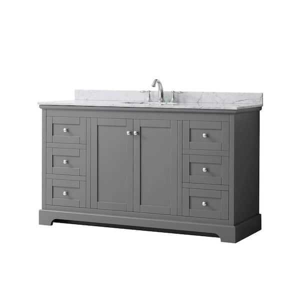 Wyndham Collection Avery 60 in. W x 22 in. D Bathroom Vanity in Dark Gray with Marble Vanity Top in White Carrara with White Basin