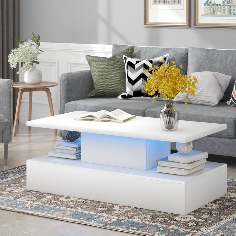 Harper & Bright Designs 47 .2 in. White Rectangle Particle Board Coffee Table with LED Lighting (16 colors)
