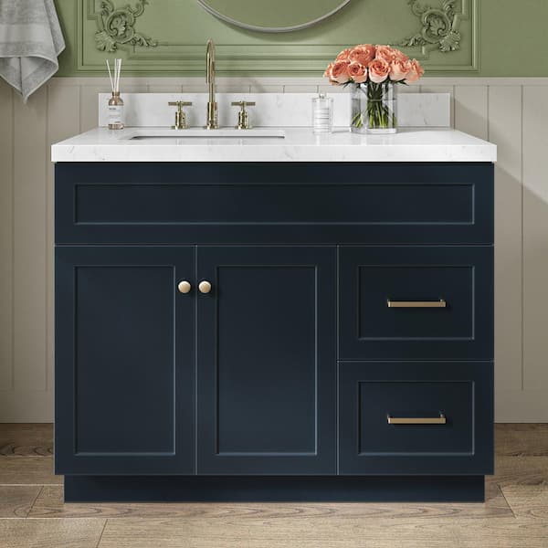 ARIEL Hamlet 42.25 in. W x 22 in. D x 36 in. H Single Sink Freestanding Bath Vanity in Midnight Blue with Carrara Quartz Top