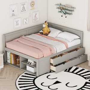 Gray Wood Frame Full Size Daybed with Under-Bed Shelves, 4-Storage Drawers