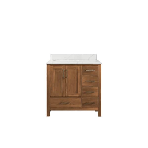 Willow Collections Malibu Teak 36 in. W x 22 in. D x 36 in. H Left Offset Sink Bath Vanity in Gold Teak with 1.5" Calacatta Quartz Top