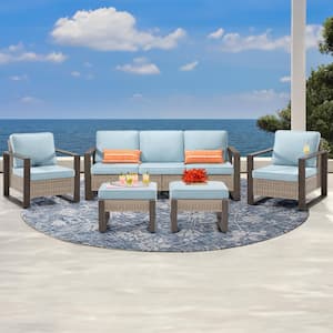 5-Piece Wicker Outdoor Sectional Sofa Set Rectangular Framed with Light Blue Cushions