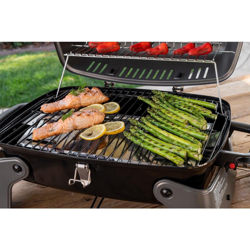 Compact Black Steel Propane Gas Tabletop Grill with Smoker