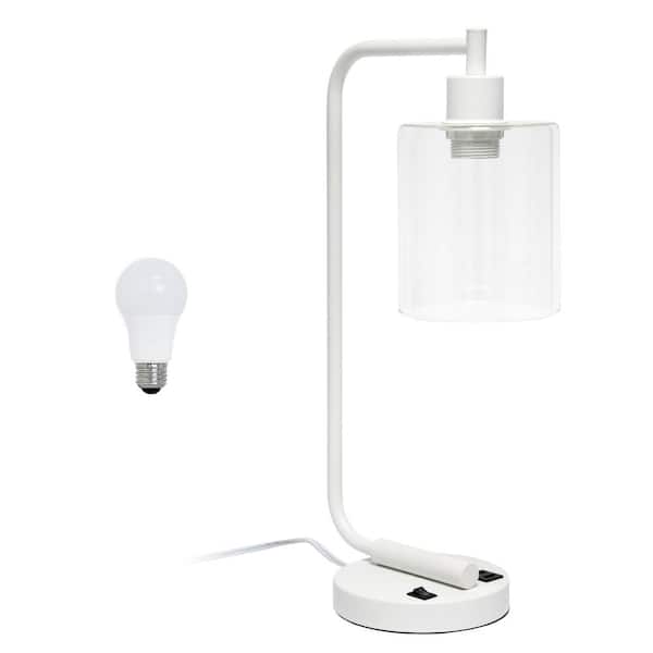 Creekwood home Vintage Vantage 18.8 in. White Minimalist Industrial Curved Arm Task & Reading Desk Lamp with USB Ports and LED Bulb