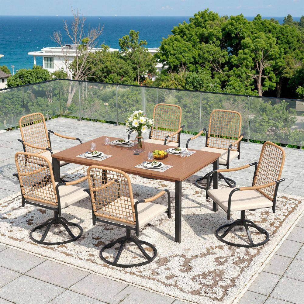 7-Piece Metal Outdoor Dining Set with 63 in. Walnut Rectangular Table and 6-Swivel Wicker Chairs with Beige Cushions
