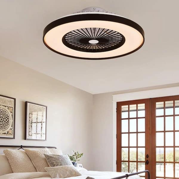 23 in. W Black Ceiling Fan Light w/ LED RGB Dimmable, Color-Changing, Flush Mount Caged Design, APP and Remote Control