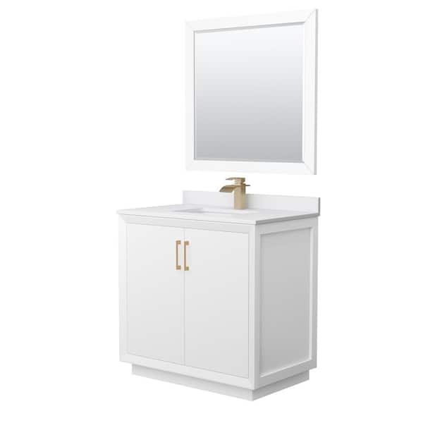 Wyndham Collection Strada 36 in. W x 22 in. D x 35 in. H Single Bath Vanity in White with White Cultured Marble Top and 34" Mirror