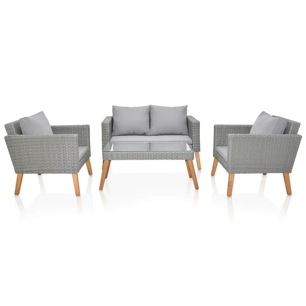 Gray 4-Piece Steel and Resin Rattan Patio Set