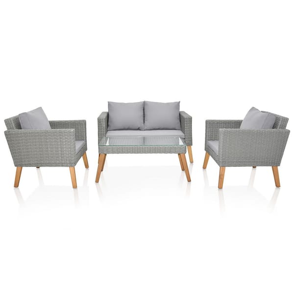 Karl home 4-Piece Acacia Wood Wicker Patio Conversation Set with Cushions