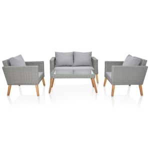 4-Piece Acacia Wood Wicker Patio Conversation Set with Cushions