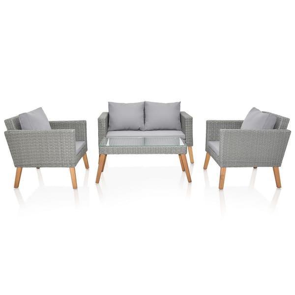 Winado 4-Piece Acacia Wood Wicker Patio Conversation Set with Cushions