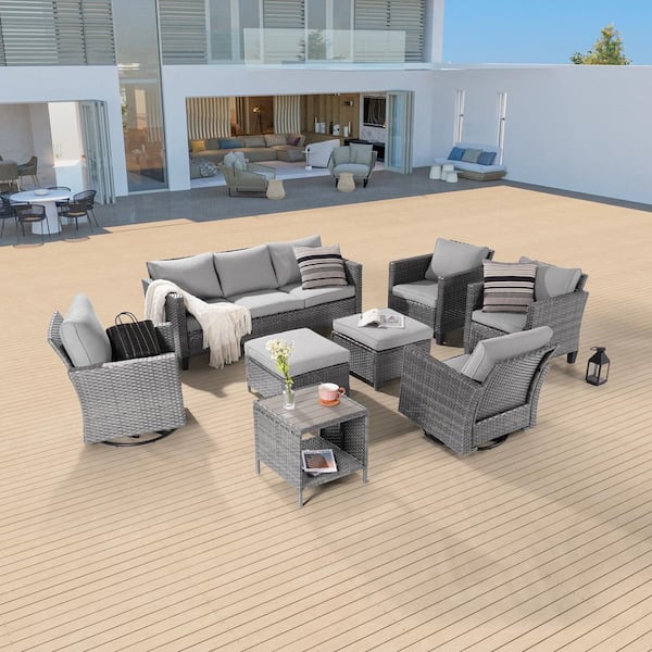 Sonkuki 8-Piece Patio Sofa Set Gray Wicker Outdoor Furniture Set Swivel Rocking Sofa, Linen Grey Cushions