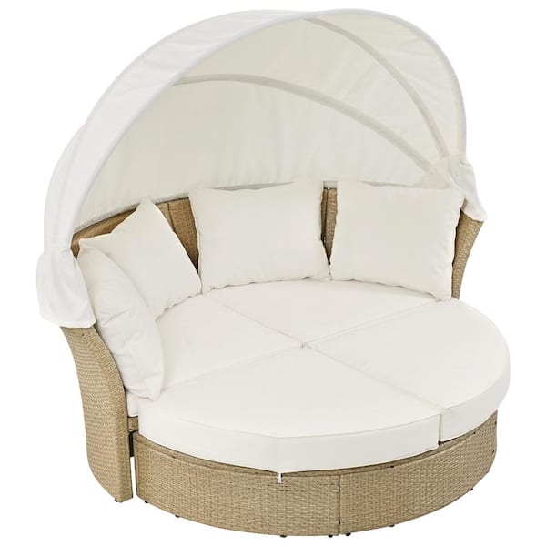 Staykiwi Brown Wicker Outdoor Day Bed with Beige Cushions and Retractable Canopy