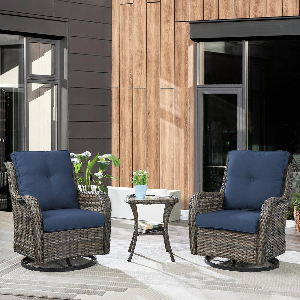 Gymojoy Carolina Gray 3-Piece Wicker Patio Conversaton Set with Blue ...