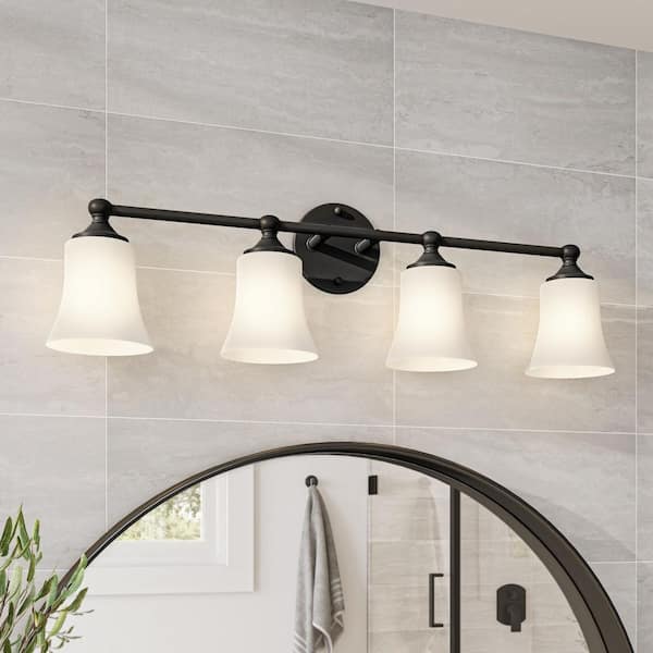 Designers Fountain Bronson 31.75 in. 4-Light Matte Black Transitional Vanity Light with Etched Glass Shades