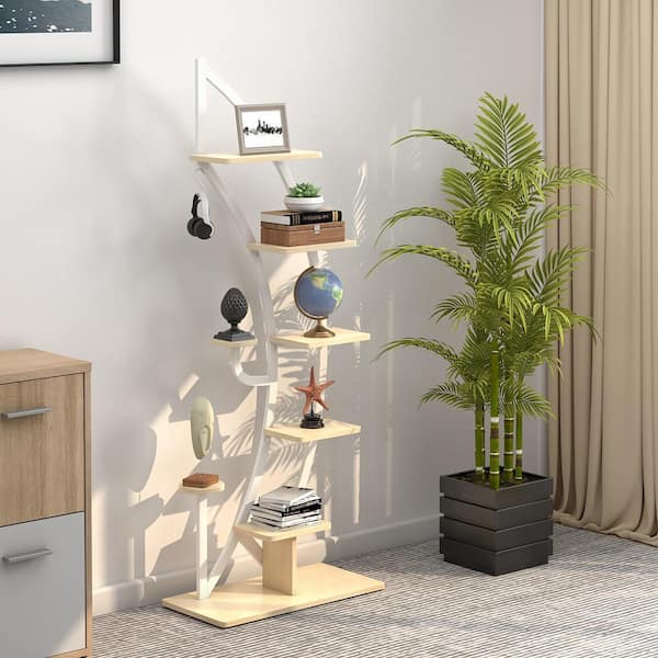 Specialty 61 in. H 6-Tier Potted Wood Indoor Plant Stand Rack Curved Stand Holder Display Shelf in Natural Plus White