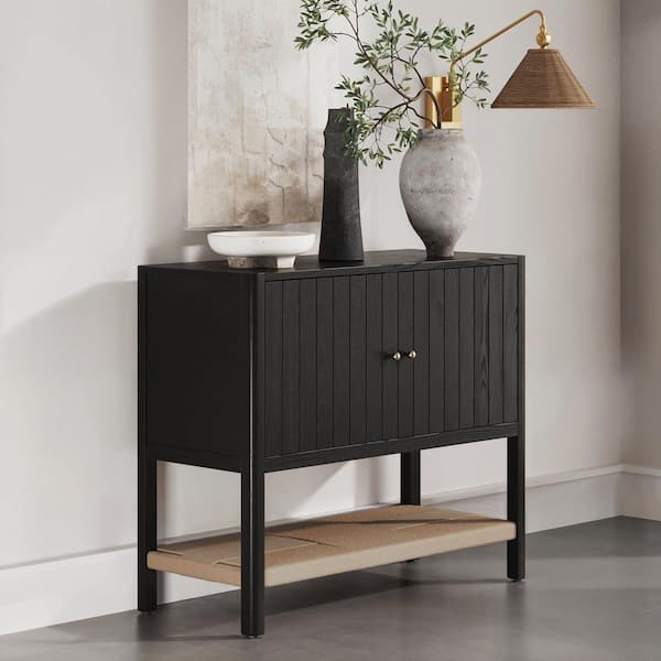 Meads Black Oak 31.5 in. Solid Wood Storage Cabinet with 2-Adjustable Interior Shelves and Seagrass Bottom Storage