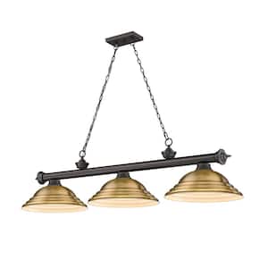 Cordon 3-Light Bronze with Stepped Rubbed Brass Shade Billiard Light with No Bulbs Included