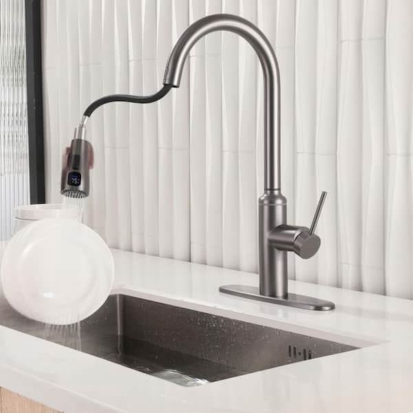 1-Handle 19 in. H Pull Down Sprayer Kitchen Faucet 2-Spray Stainless Steel Fixed Sink Faucet w/ Digital Display in Gray