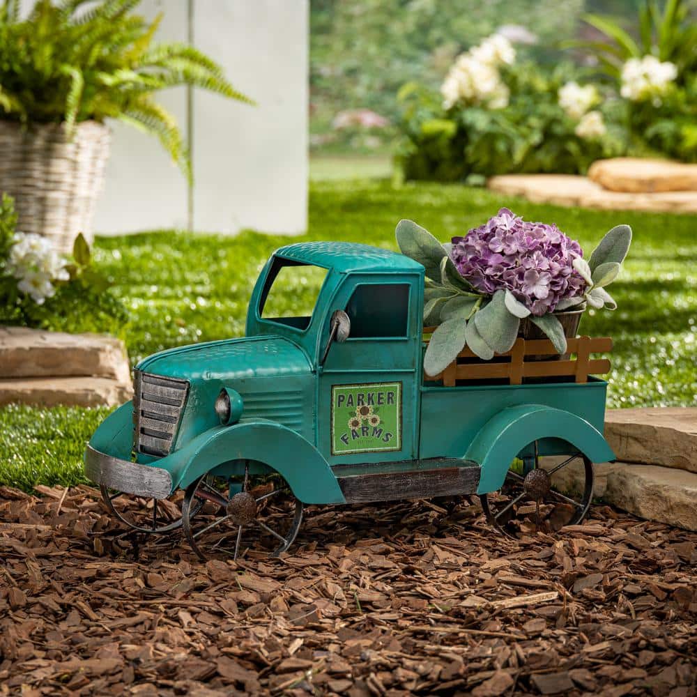 Antique Green Metal Garden Truck with Wood Panels