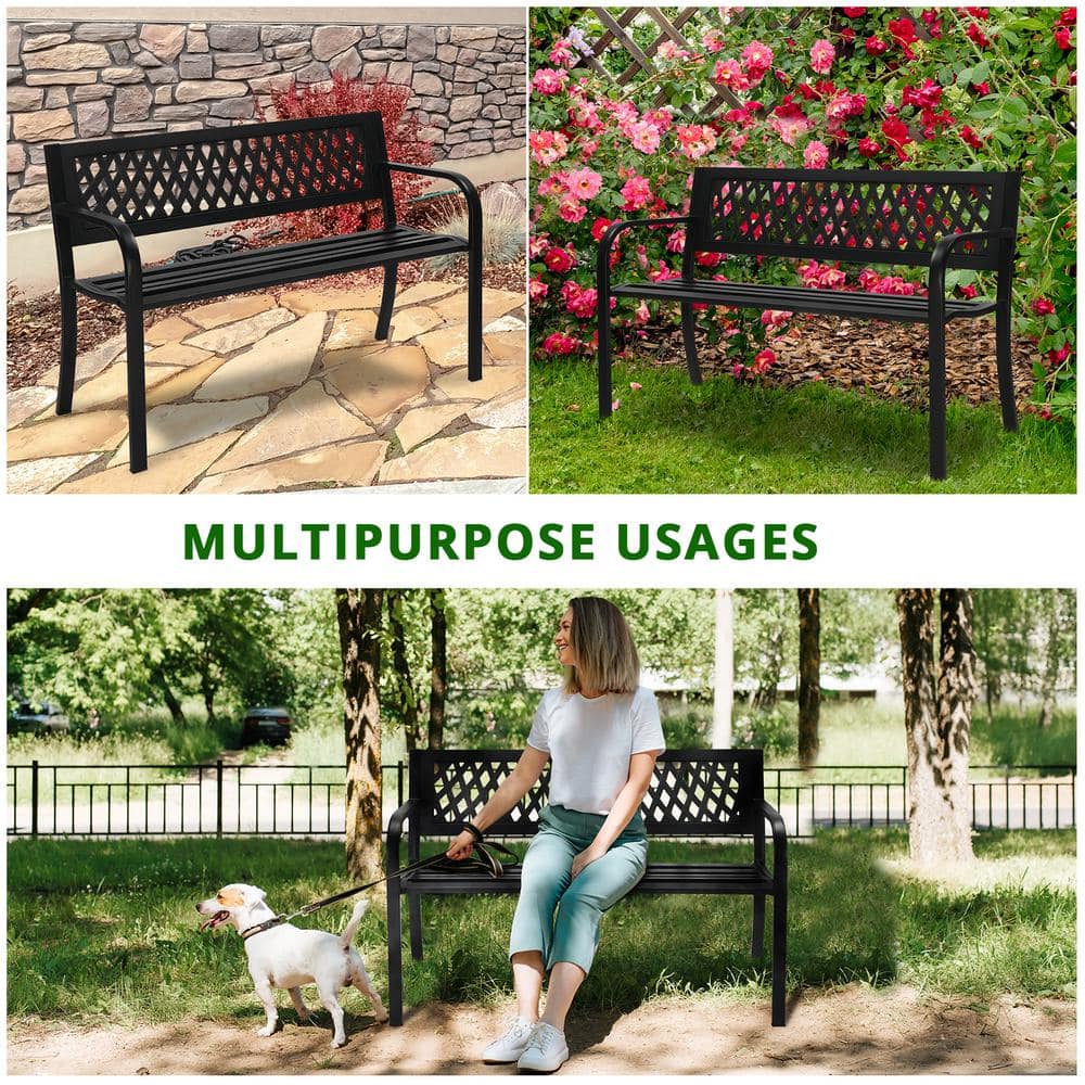 Black Iron 47-Inch Outdoor Garden Bench with PVC Backrest