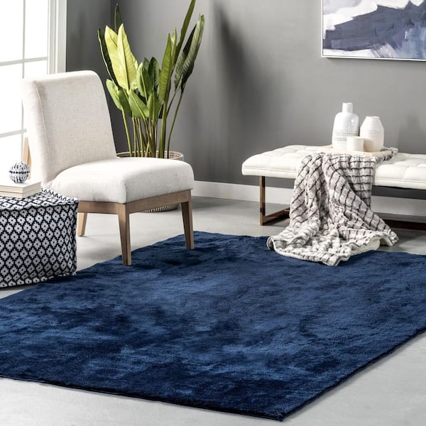 Loni Solid Machine Washable Shag Navy Doormat 4 ft. x 4 ft. Area Rug