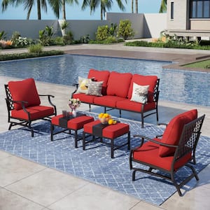 Black 5-Piece Metal Meshed 7-Seat Outdoor Patio Conversation Set with Red Cushions 2 Motion Chairs and 2 Ottomans