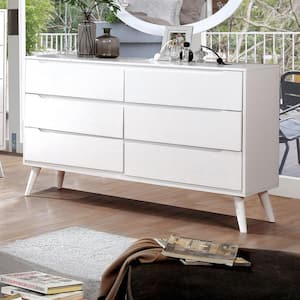 Mackie Mid Century Modern White 6-Drawer 58 in. W Dresser