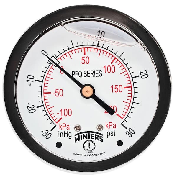 Winters Instruments PFQ Series 2.5 in. Stainless Steel Liquid Filled Pressure Gauge with 1/4 in. NPT CBM and Range of 30 in. Hg 0-30 psi/kPa