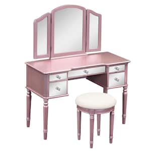 2-Piece Rose Gold Mirror Makeup Vanity Set with Mirrored Drawers and Stool
