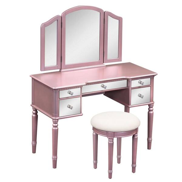 Unbranded 2-Piece Rose Gold Mirror Makeup Vanity Set with Mirrored Drawers and Stool
