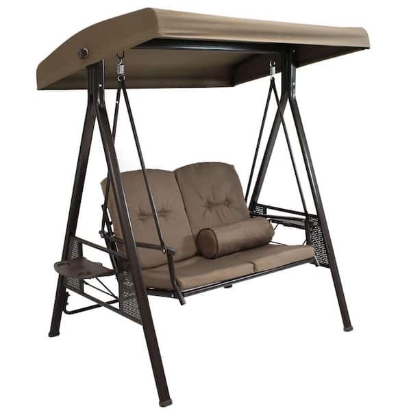 Sunnydaze Steel Frame Outdoor Porch Swing Loveseat with Adjustable Canopy, Cushions and Pillow Included