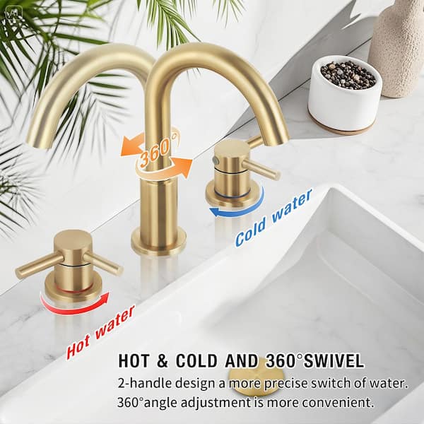 8 in. Widespread Double Handle Bathroom Faucet 3-Hole Sink Faucet with Pop-Up Drain in Brushed Gold